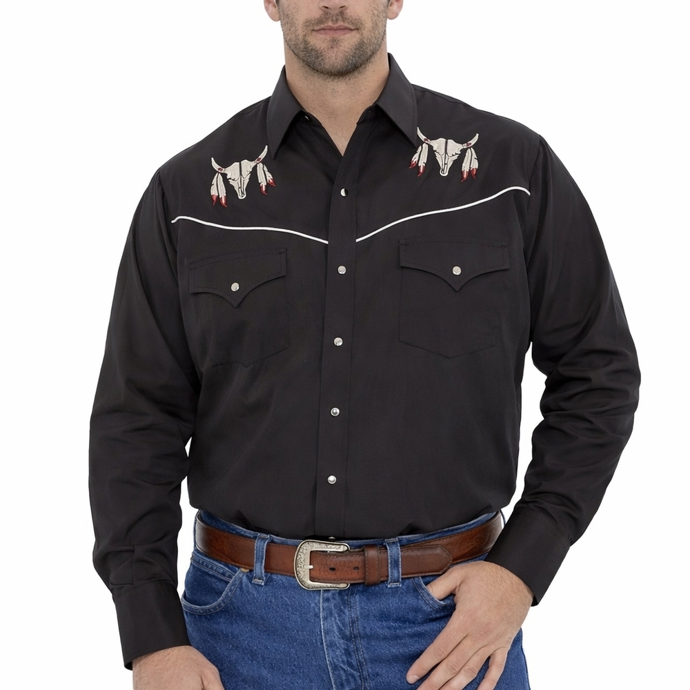 Ely Cattleman Long Sleeve Western Snap Shirt with Cow Skull Embroidery XXL